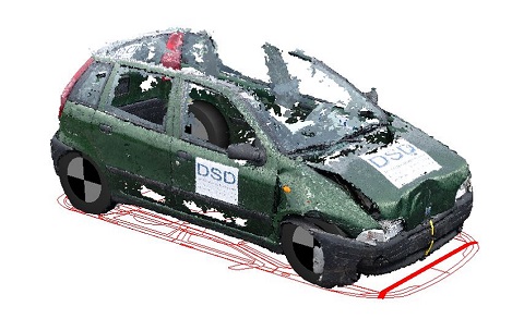 Modello tridimensionale del veicolo allineato e messo in scala all'interno del software PC-Crash
