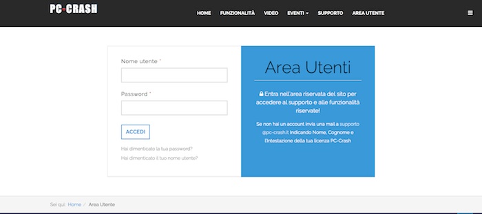 Accesso all'Area Utente di PC-Crash.it L'Area Utente di PC-Crash.it